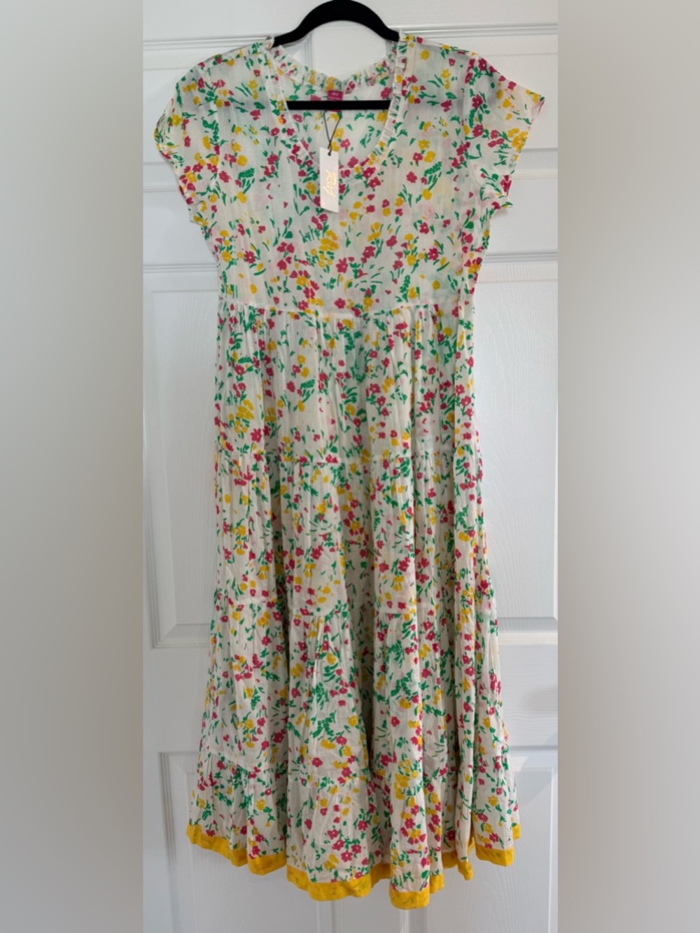Raj. Floral Tiered Maxi Dress - White with Pink, Yellow & Green Floral Print